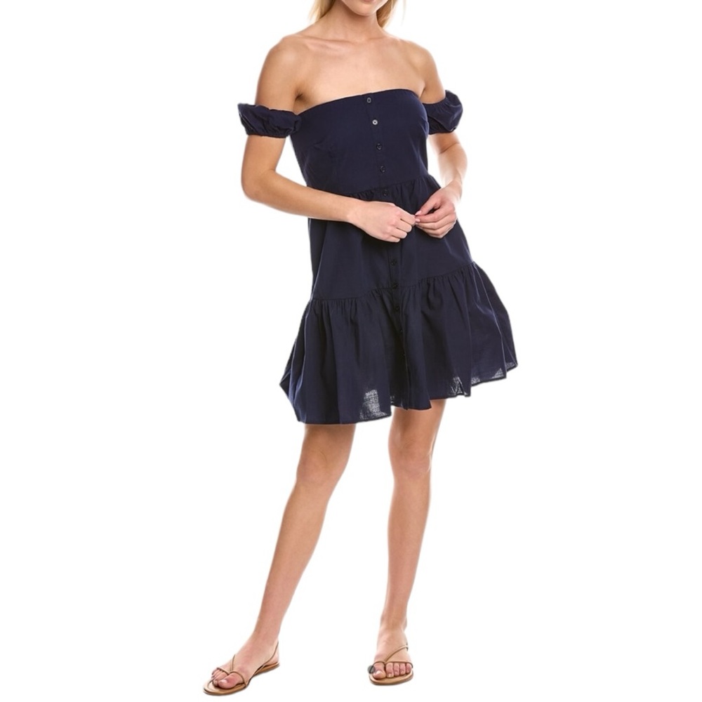 1. State NWT Off-the-Shoulder‎ Cap Sleeve Denim Button Front Tiered Dress   Sz 8